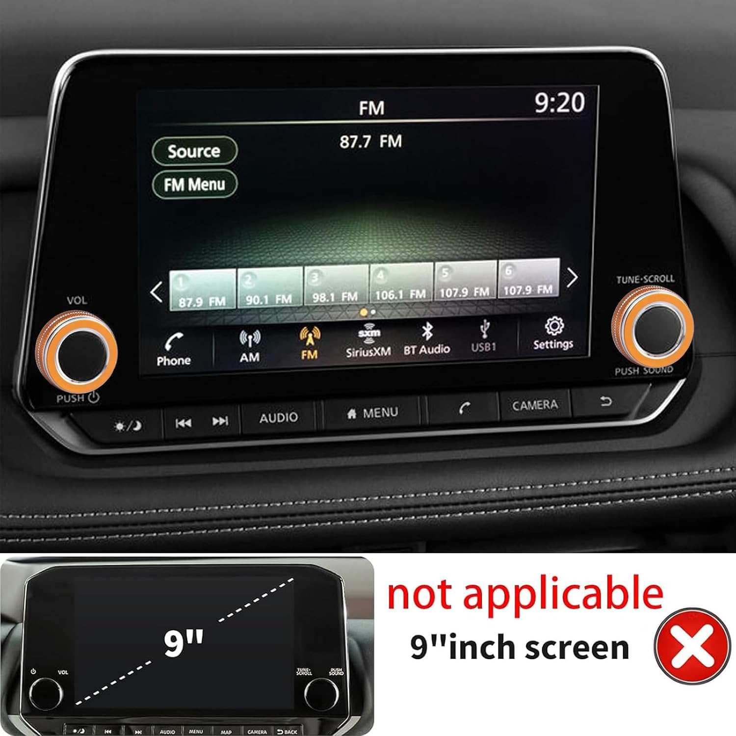 for Nissan Rogue 2026 2025 2024 2023 2022 2021 Air Conditioning, Volume Adjustment and 4WD Knob Cover, One-Touch Start Button Cover/Ring Accessories (Orange, 8-inch Screen)