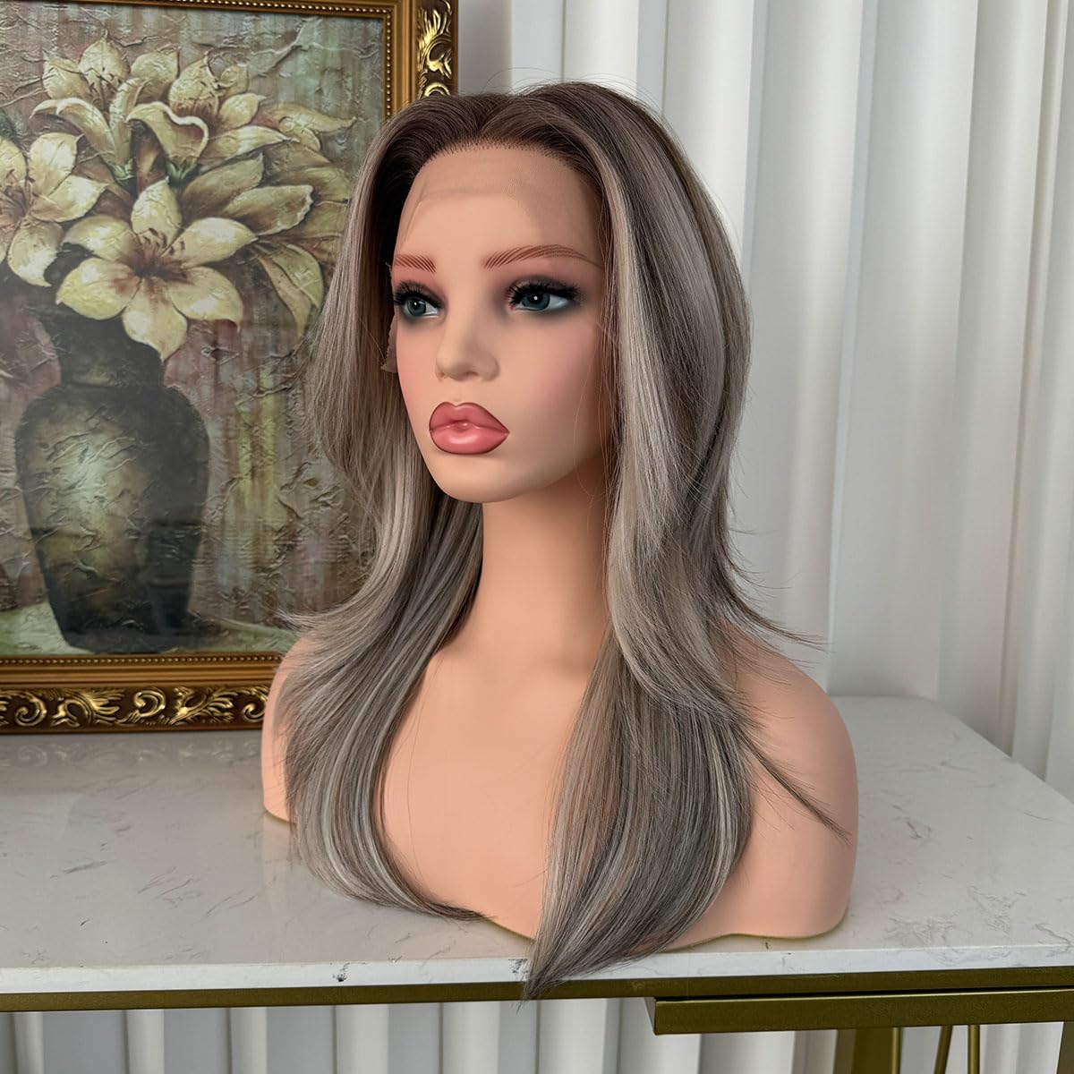 Lovestory 13x6 Lace Front Synthetic Wig for Women, 16 Inch Brown Ombre Highlights Hair Wig, Natural Look, Heat Resistant, Easy to Wear