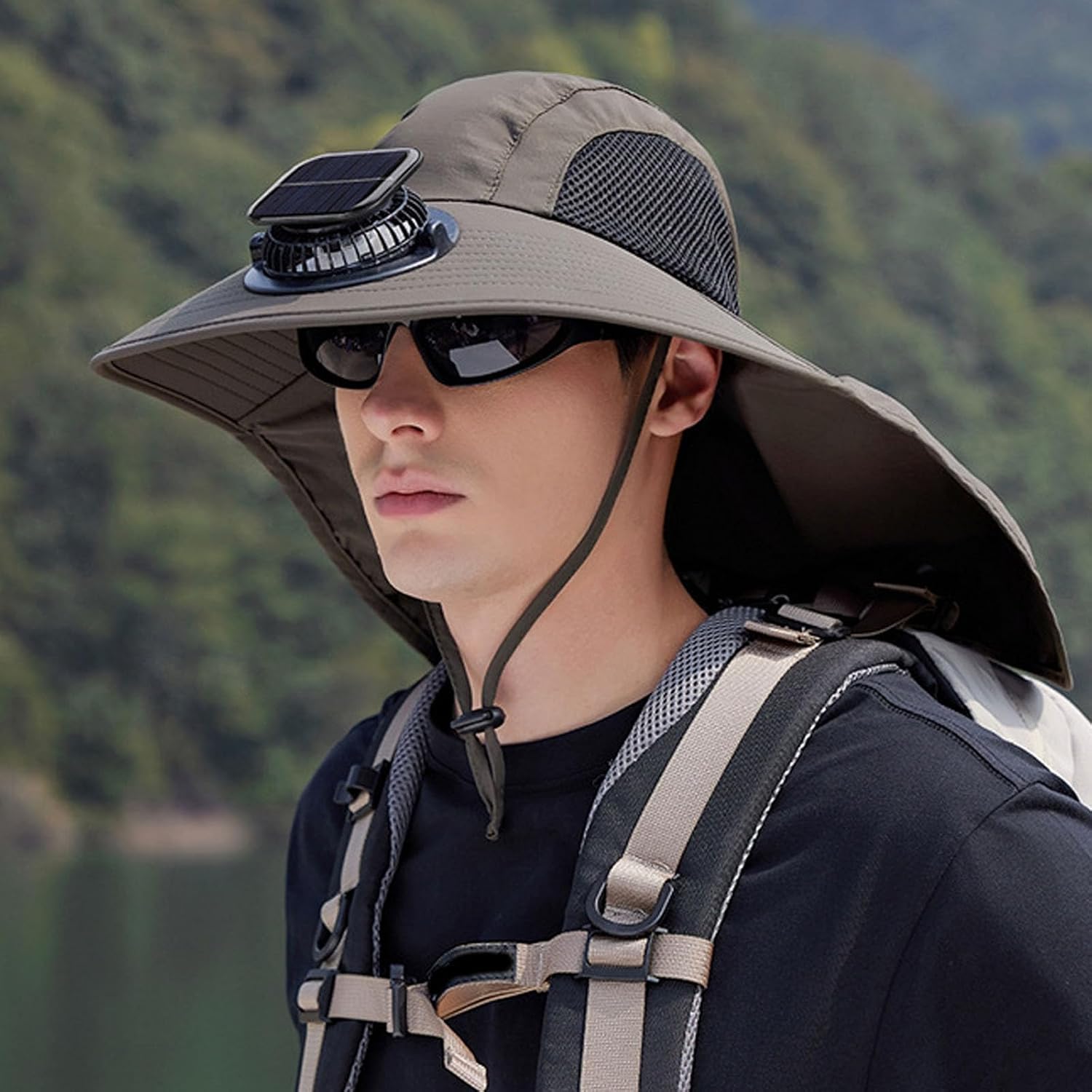 Automatic Solar Cooling Fisherman Hat with Sun Shielding Fishing Hat Rolls Up Neck Flap for Beach Cycling Adventure Solar Fan