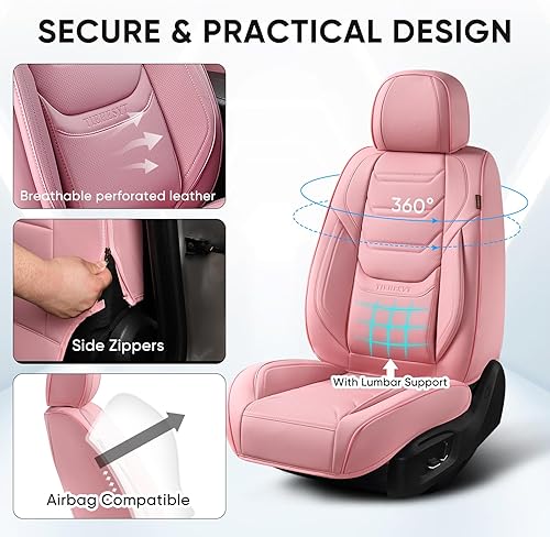 Miniatura 6 de Fundas de asiento delantero de coche color rosa con reposacabezas, cuero transpirable, 1 par de ajuste universal para sedanes, SUV, camiones