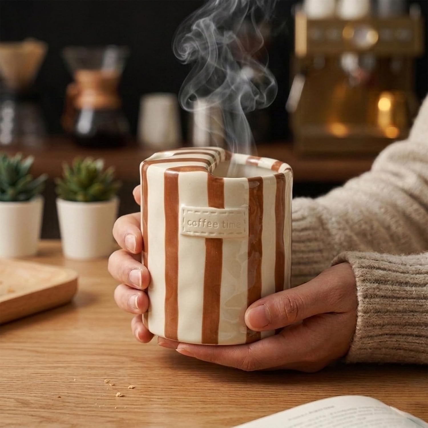 Retro Striped Ceramic Coffee Mug, Retro Striped Hand Painted Ceramic Mug, 10 oz Unique Two-color striped Design, Microwave & Dishwasher Safe, Reusable Tea & Coffee Cup for Home travel Office (OW) image 4