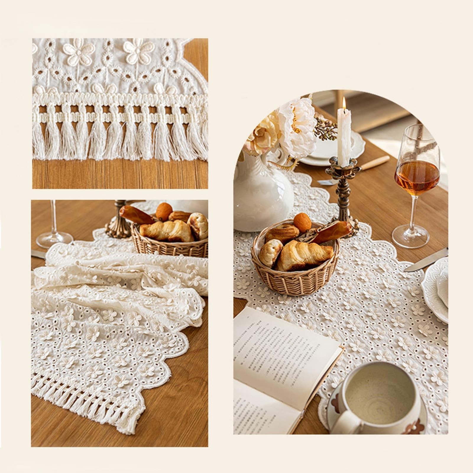 Bieżnik na stół 33 x 300 cm, puste koło 3D wzór kwiatowy z frędzlami, bieżniki z bawełny, bieżniki na stół, bieżnik do domu, restauracji, hoteli, dekoracja stołu, beżowo-biały