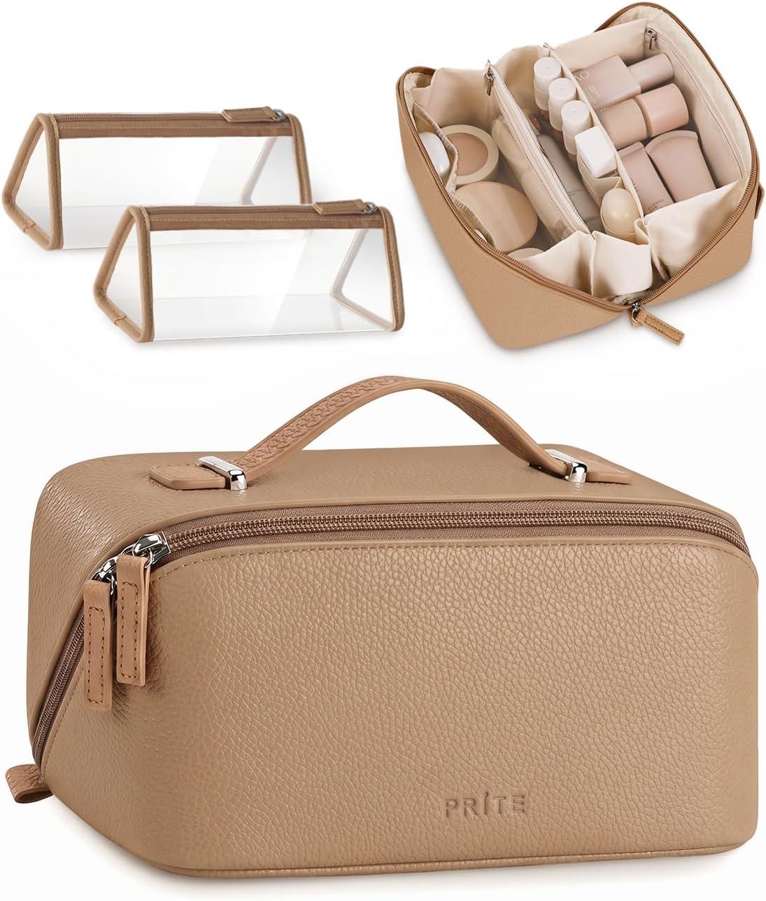 Prite 3 Pcs Makeup Bag Set Travel Cosmetic Organizer Vegan Leather Waterproof Toiletry Bag with 2 Clear Pouches for Women