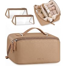Prite 3 Pcs Makeup Bag Set Travel Cosmetic Organizer Vegan Leather Waterproof Toiletry Bag with 2 Clear Pouches for Women