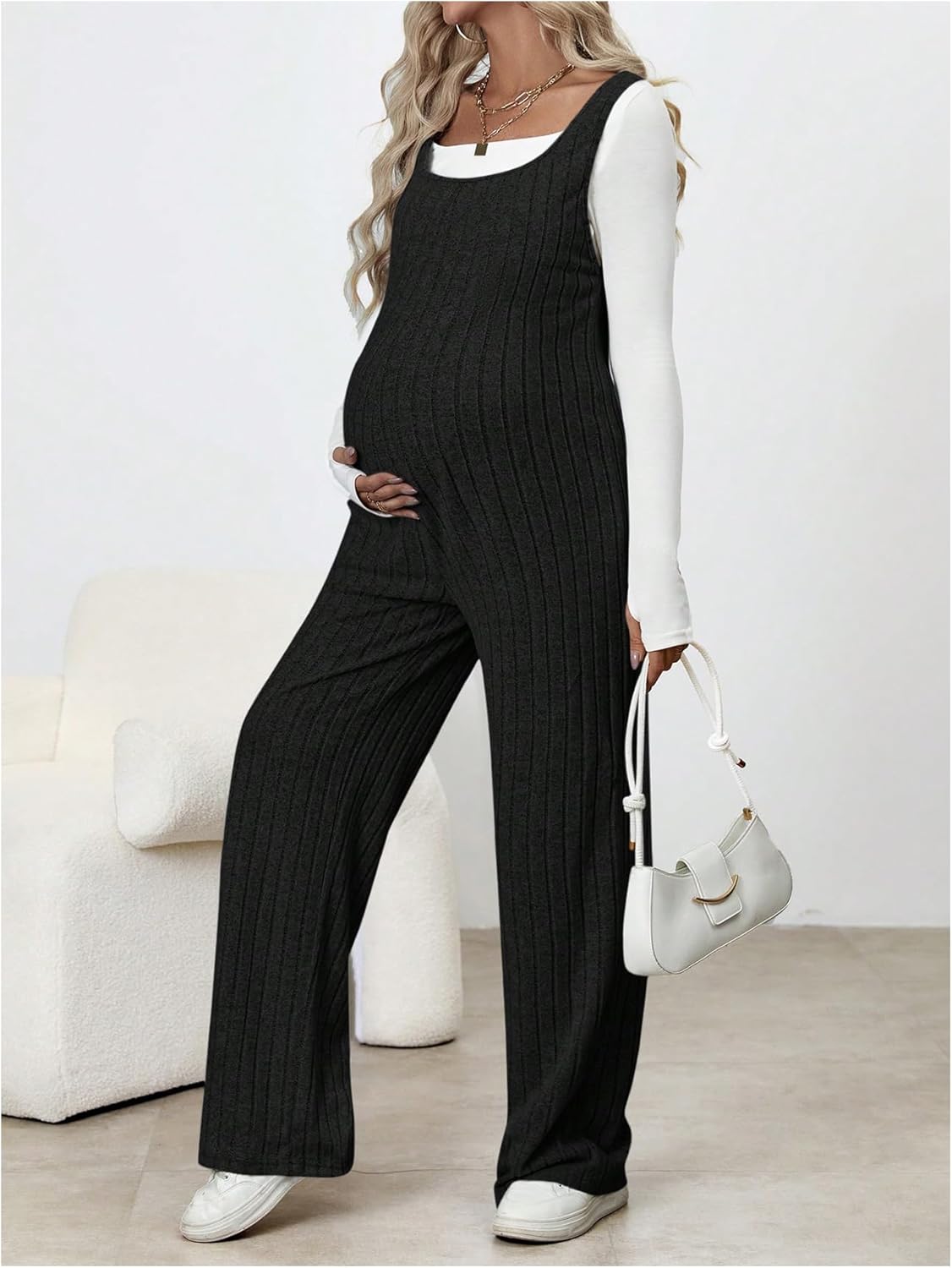 MakeMeChic Women's Maternity Jumpsuits Sleeveless Rib Knitted Straight Leg Overalls Romper - Image 5
