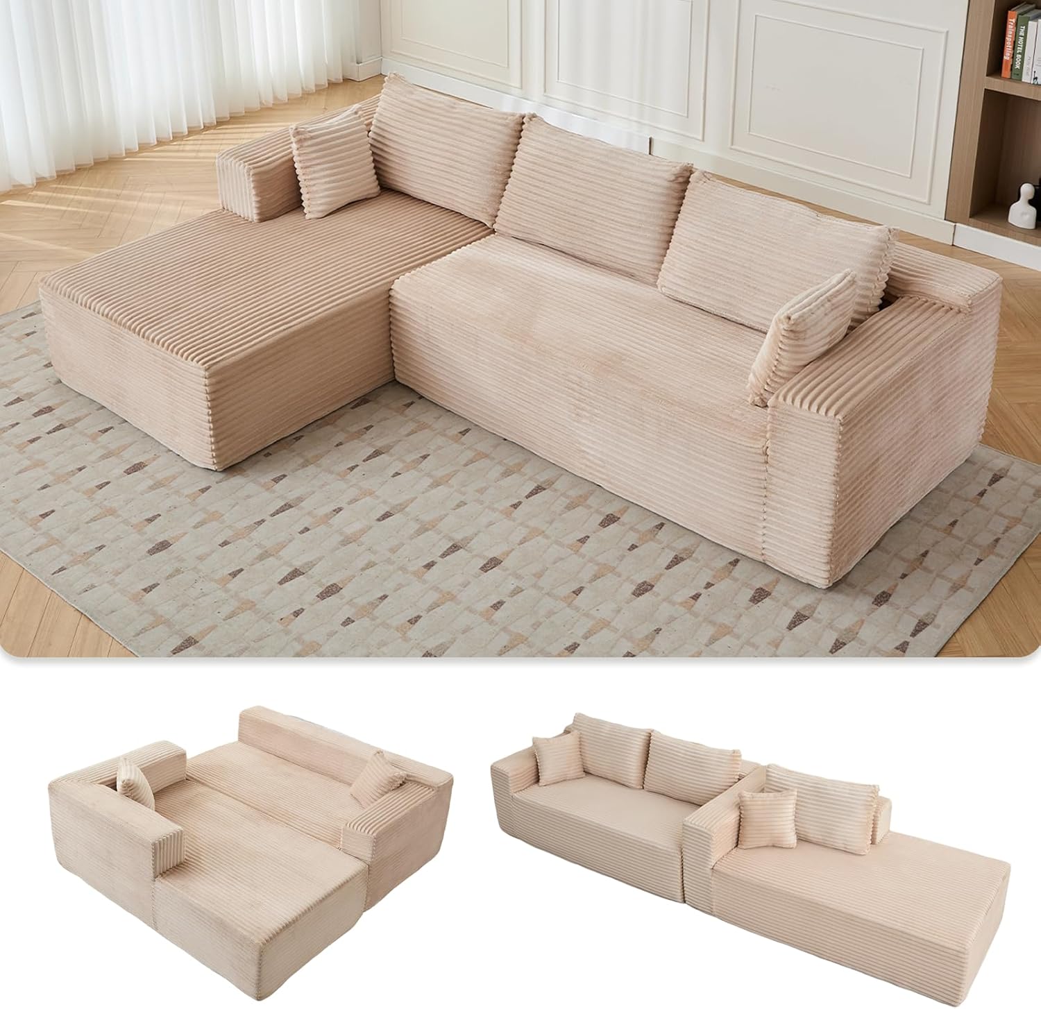 Modern Sectional Sofa with Chaise, No Assembly Modular Cloud Couch, Boneless Deep Seat Sleeper Sofa for Living Room, Bedroom, Apartment Lounge | Corduroy Fabric(Beige)