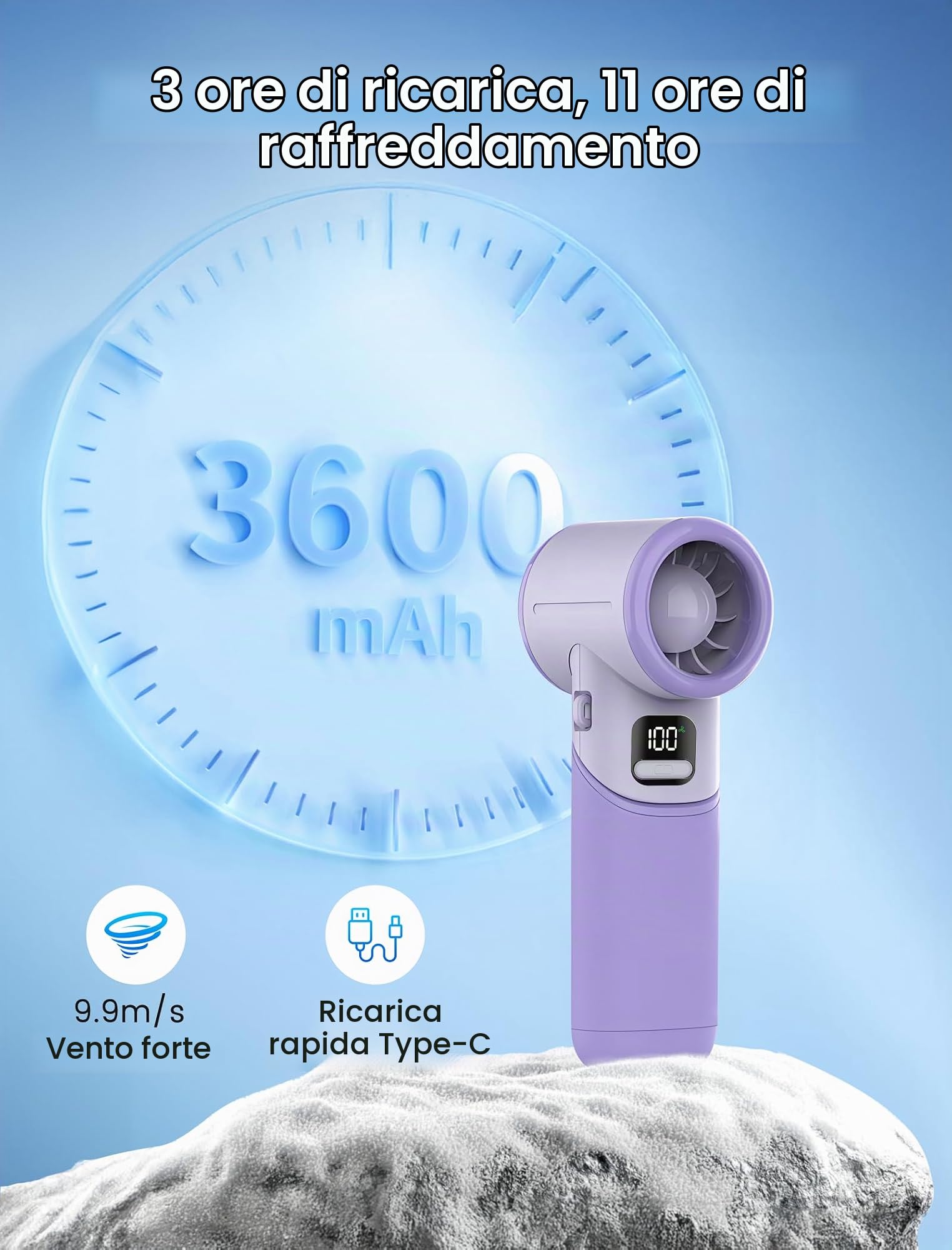 MERTTURM Mini Ventilatore Portatile Mano Potente[11H Standby], Ventilatore Turbo Batteria Ricaricabile da 3600mAh&5 Velocità Potenti, Display a LED, USB Piccolo Ventilatore Tascabile-Viola