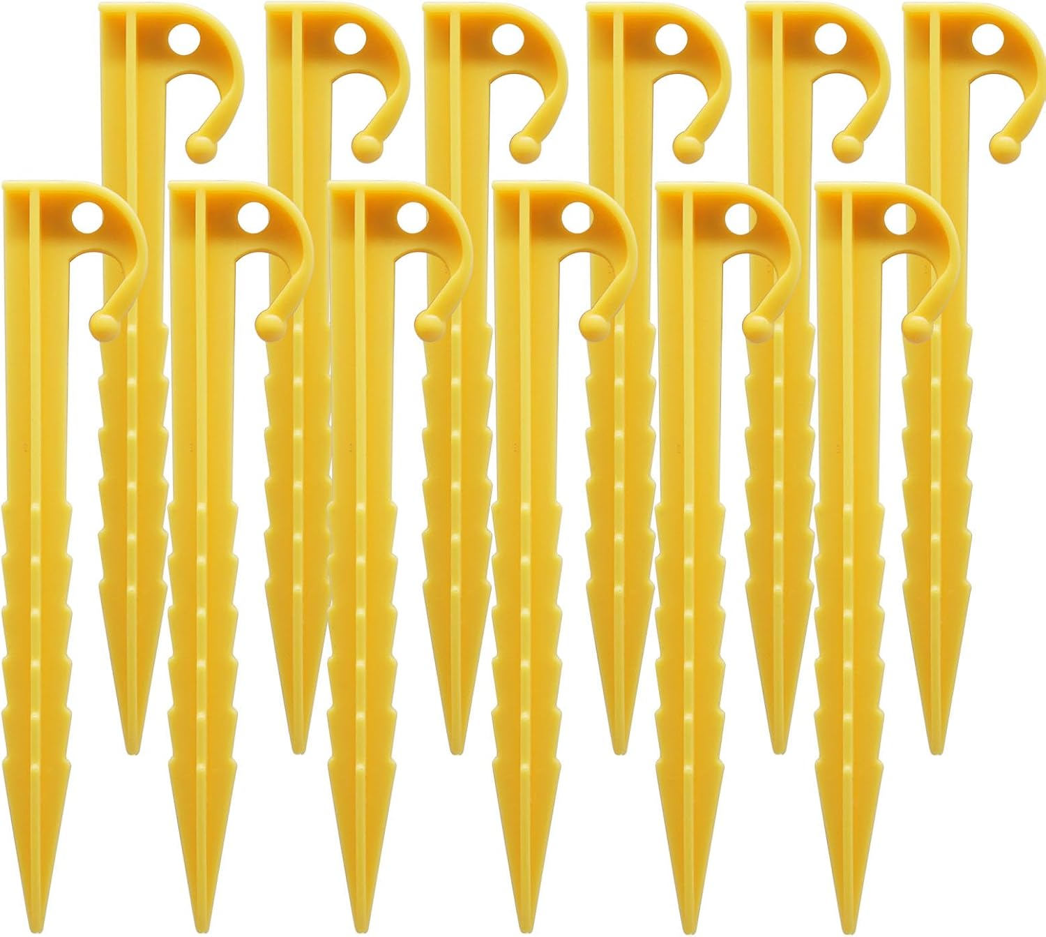 12 Pack Plastic Tent Stakes, 5.7 Inch Durable & Lightweight ABS Pegs, Serrated Edges for Camping, Beach, Garden, Lawn - Bright Yellow, Rust-Proof, Heavy Duty Ground Anchors (15cm)
