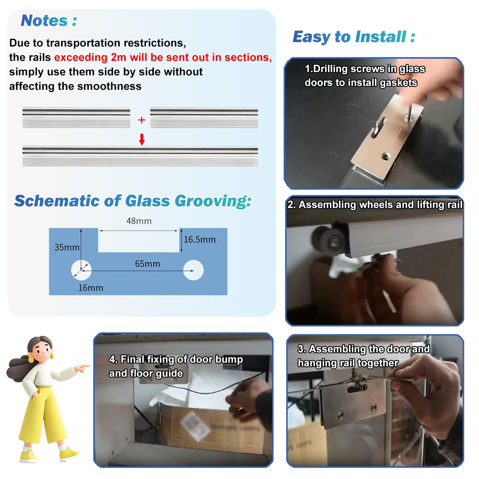Kit de riel para puerta corredera, guía de aluminio de doble riel para un funcionamiento suave y silencioso, guías de montaje superior para puertas de vidrio acrílico, 1-6 metros