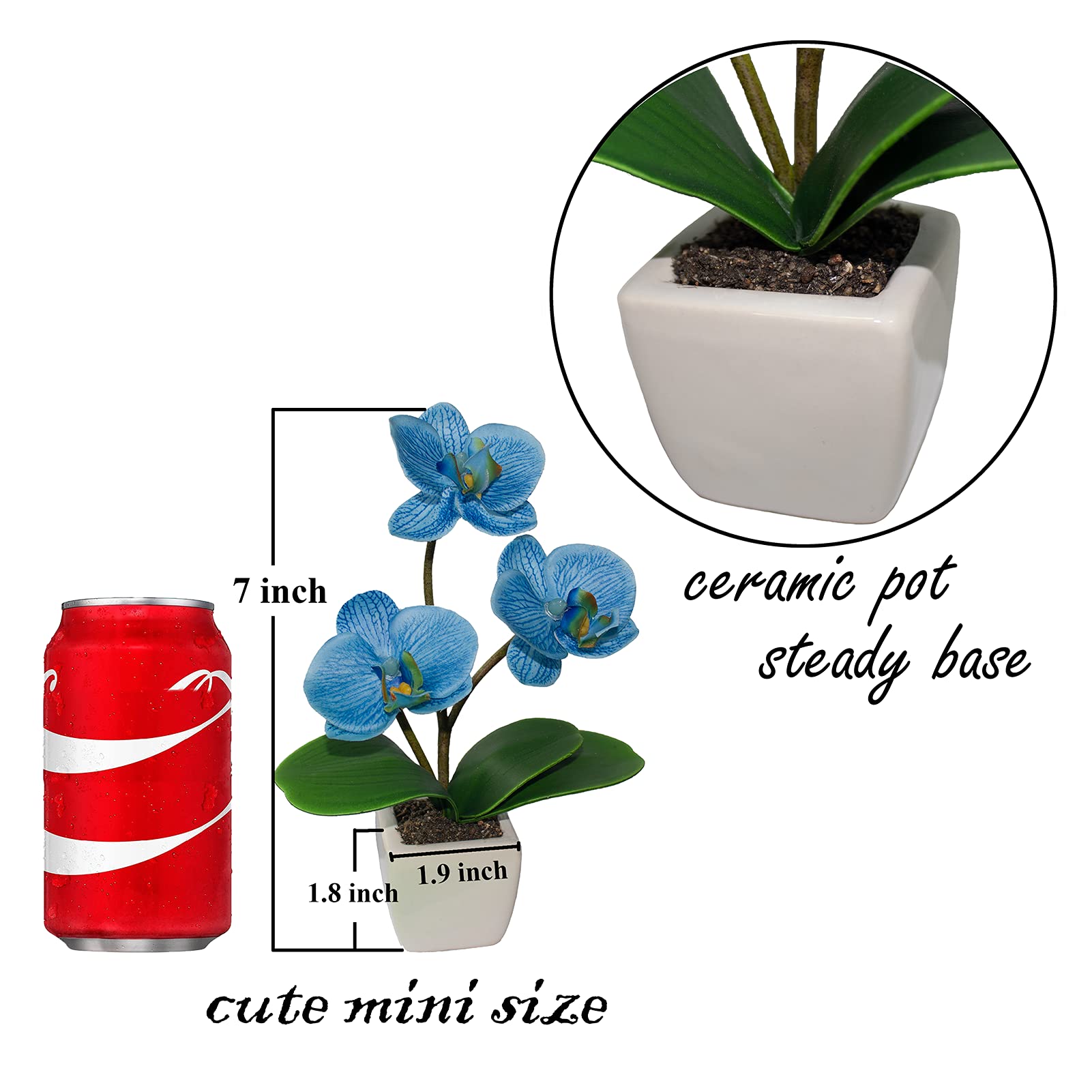 BINFEN Set of 4 Mini Fake Potted Orchid Flowers in White and Blue- Perfect for Home, Office, Bathroom Decor - Artificial Orchids with Ceramic Pots