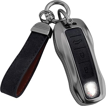 YO&YOYE Compatible with Porsche Key Fob Cover with Keychain Leather Key Case Protector Fit for Porsche Cayenne 911 Taycan Panamera, Black