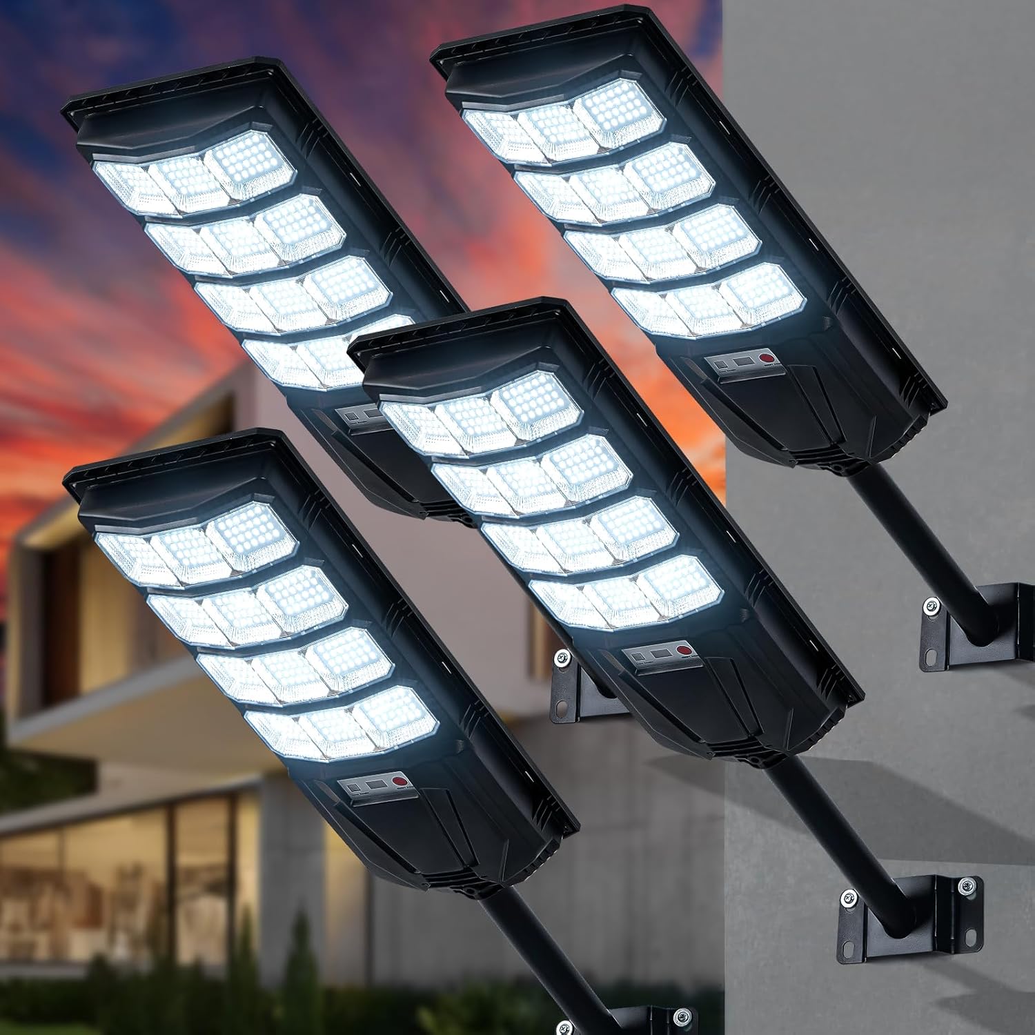 Solar Powered Street Light Outdoor Commercial Grade, 288-LED Dimmable with Radar Sync & Remote, 520㎡ Coverage Adjustable Brightness, Waterproof Security Lighting System for Large Yard/Fence 4 Pack