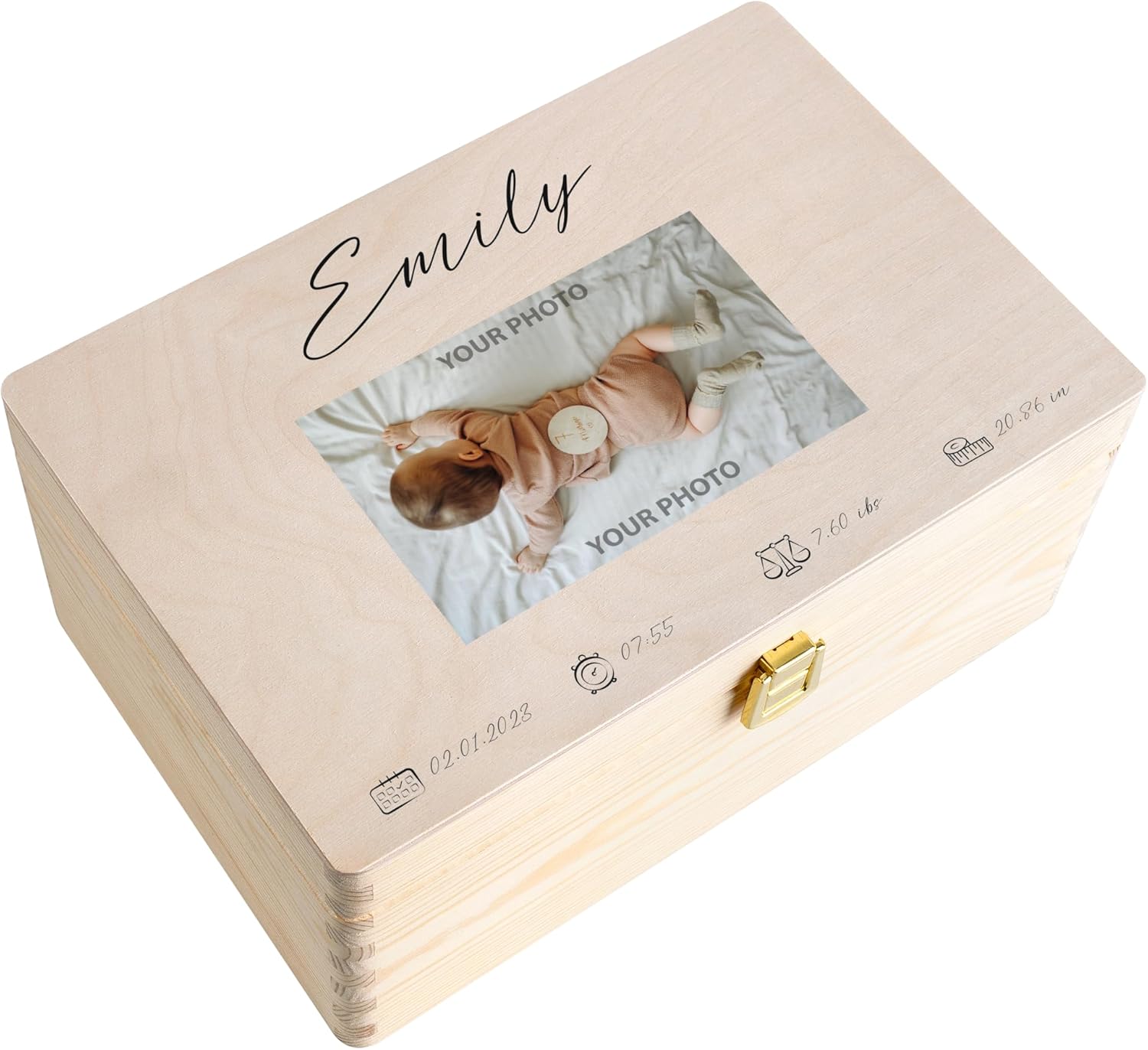 Creative Deco Personalized Baby Memory Box - Line Dividers | Custom Keepsake Boxes | Unique Gift for Newborn Boy or Girl | Customized Wooden Storage Box with Hinged Lid | UV Print