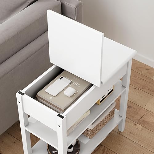 Miniatura 6 de Mesa auxiliar blanca, mesa auxiliar estrecha con estantes de almacenamiento, mesa de sofá abatible para sala de estar, espacio pequeño