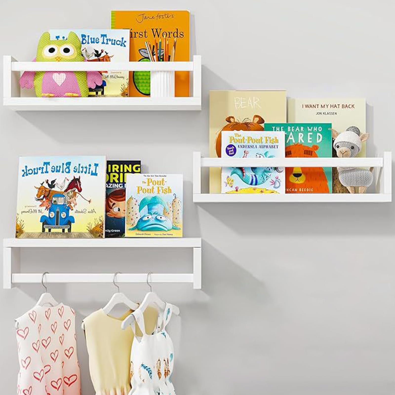 Estantería Infantil Juego de 3 Piezas Estantería Flotante de Pared para organizar Libros y Juguetes, Estante Expositor Colgante para Dormitorio, salón y habitación Infantil (Blanco)