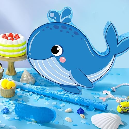 Miniatura 3 de Suministros para fiesta de cumpleaños de ballena, piñata de ballena azul con una venda y murciélago debajo del mar, decoraciones de fiesta de
