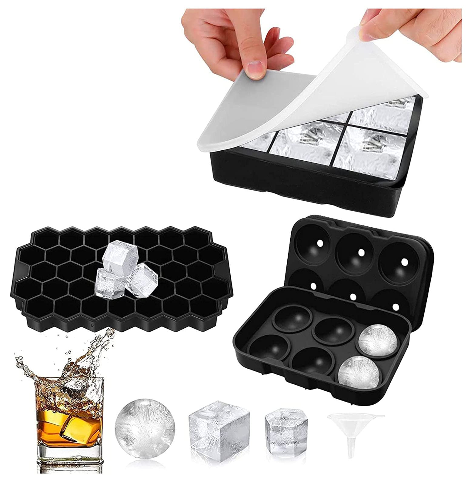 Ice Cube Tray, Silicone Ice Cube Molds for Freezer with Lid & Funnel (Set of 3), Sphere Ice Ball Square Honeycomb Ice Cube Mold, Diamond Cut & Hexagonal Shapes Ice Mold for Drink, Black