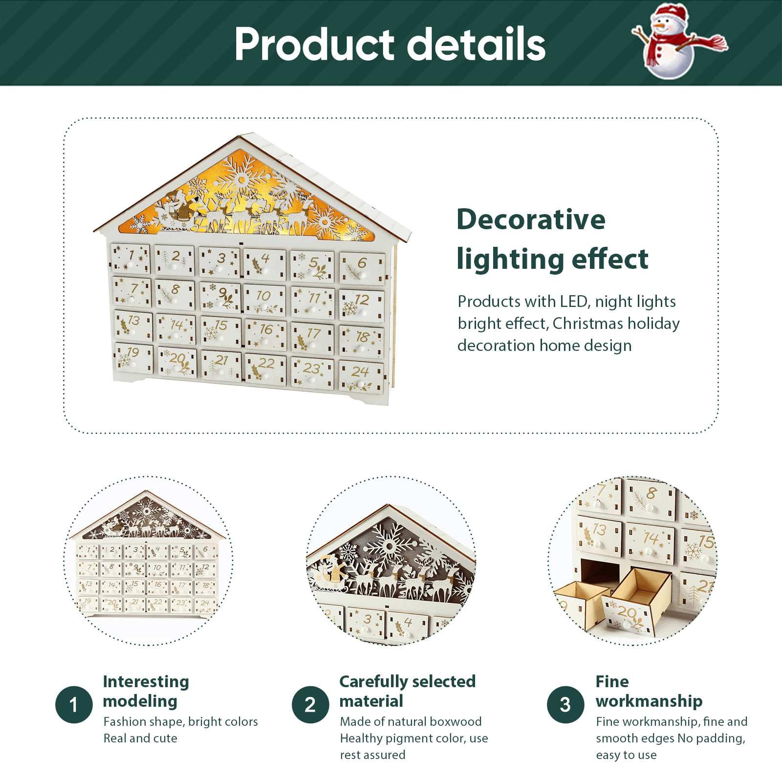 Calendario Ee dell'Avvento in legno con luci a LED,Casa con 24 cassetti di stoccaggio, calendario dell'Avvento da riempire da soli per bambini, decorazione natalizia (cervo bianco)