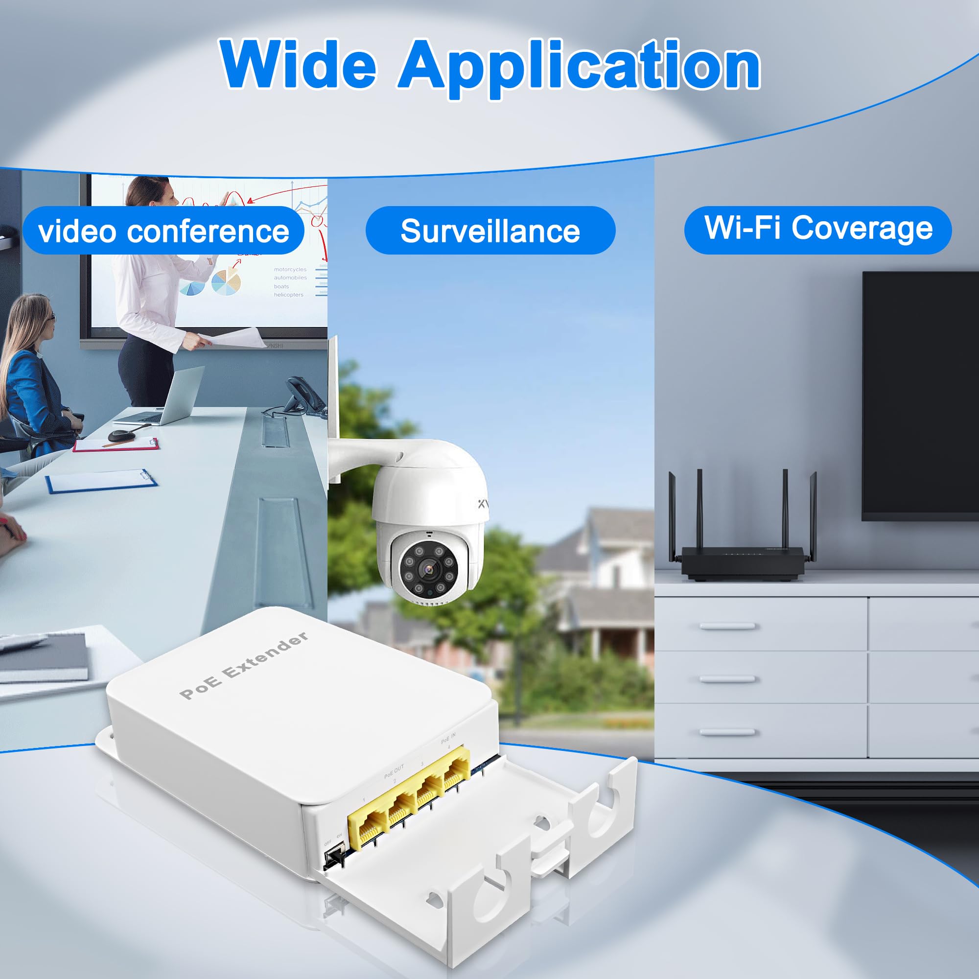 MEIRIYFA Gigabitowy przedłużacz zewnętrzny 4-portowy przełącznik PoE IEEE 802.3 af/at, 1000 Mb/s 1 PoE w 3 wyjścia, wodoodporny 30 W 100 m mocy i danych do wtryskiwacza PoE