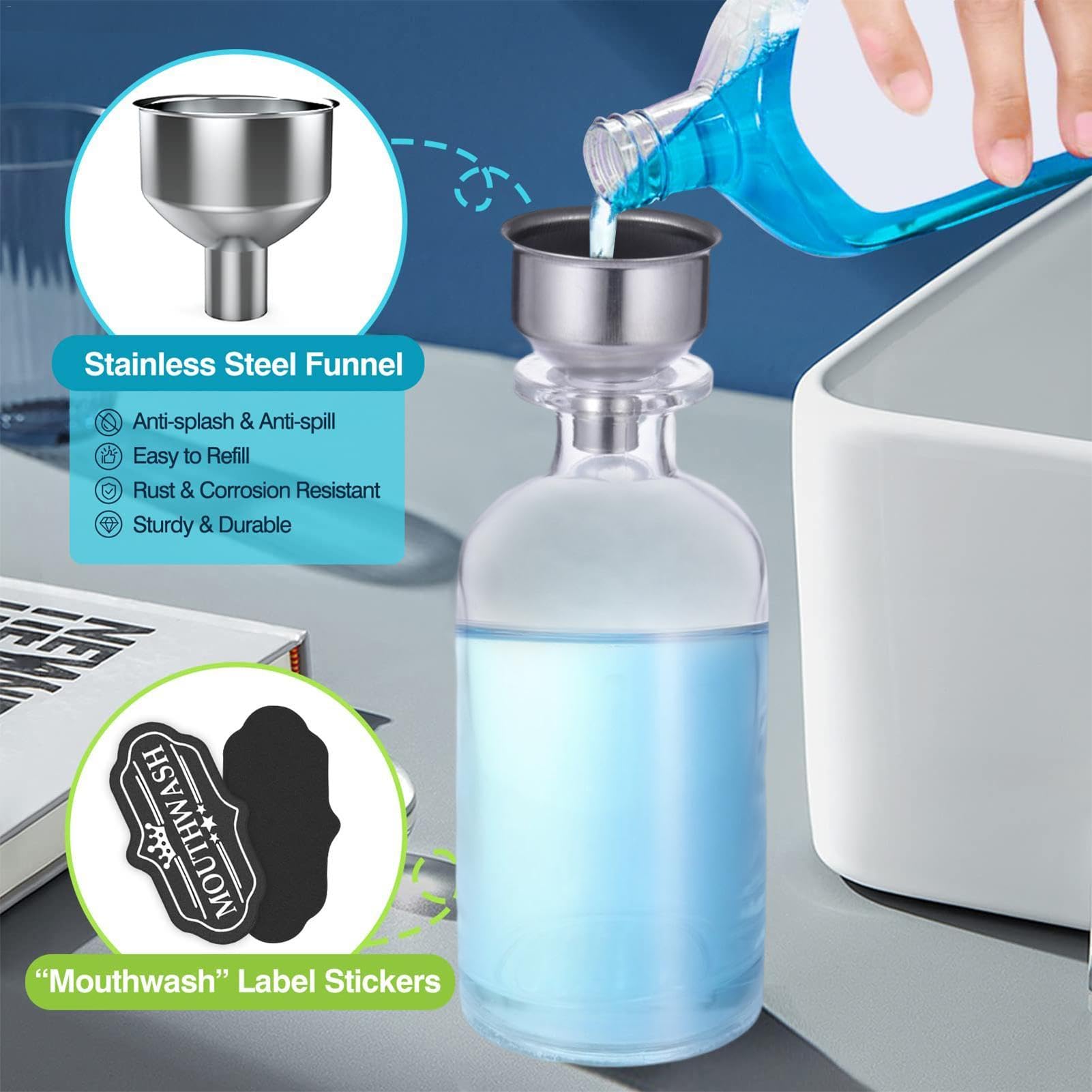 Mundspülspender aus Glas – 350 ml Mundspül-Spender-Flaschen-Set, Aufsatz-Badezimmer-Mundspülspender-Set, nachfüllbarer Glas-Mundspülbehälter für Zuhause
