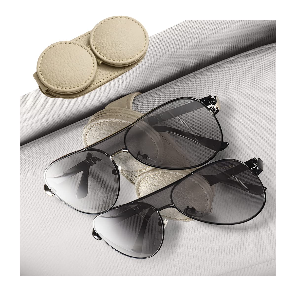 Sunglasses Holder for Car Sun Visor, Double Position Leather Glasses Hanger, Magnetic Eyeglass Clip for Auto, Ticket Card Clips Organizer, Universal Vehicle Visor Accessories (Beige)