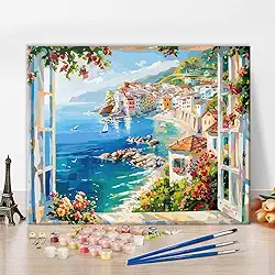 TUMOVO Kit de pintura por números para adultos, vista de janela serena à beira-mar, pintura artística de paisagem oceânica por números, pintura em tela faça você mesmo para iniciantes, decoração