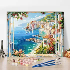 TUMOVO Kit de pintura por números para adultos, vista de janela serena à beira-mar, pintura artística de paisagem oceânica por números, pintura em tela faça você mesmo para iniciantes, decoração