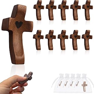 Wooden Cross Fidget My Heart with Organza Bags, Pocket Cross Stress Relief and Comfort Gifts for Easter, Christmas, Pocket Prayer Cross, Father's Day, First Communion and Religious Occasions (10pcs)