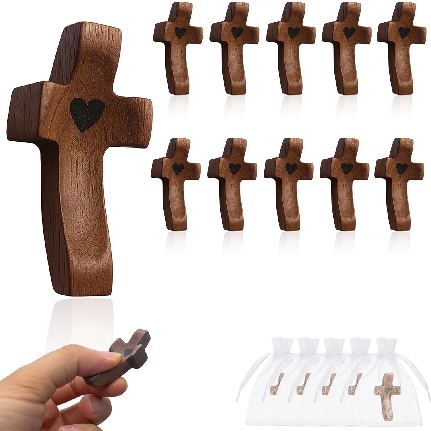 Wooden Cross Fidget My Heart with Organza Bags, Pocket Cross (10pcs)