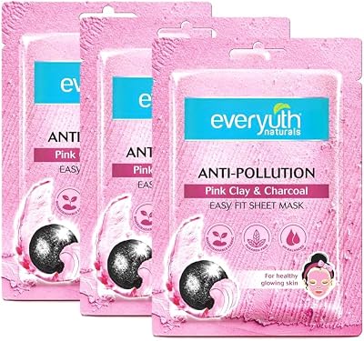 Naturals Anti -Pollution Pink Clay Charcoal Sheet Mask | Pink Clay and Charcoal | Serum Mask | Detoxifies & Purifies Skin |2 Piece easy fit sheet mask| Pack of 3