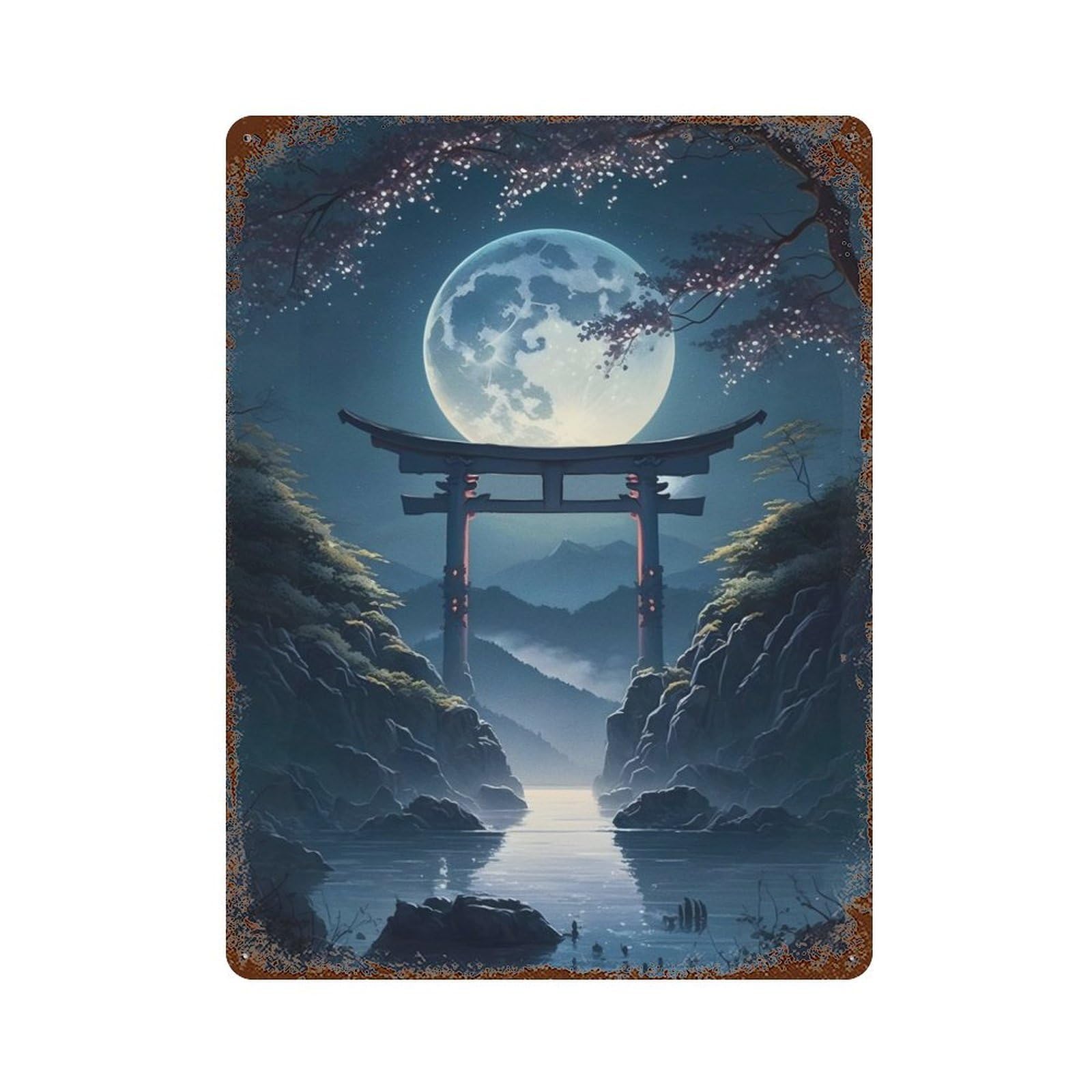 Garage Style Moonlight in Torii Gate Vintage Rust Metal Sign 15.7"x11.8", Industrial Home Decor for Bar And Workshop