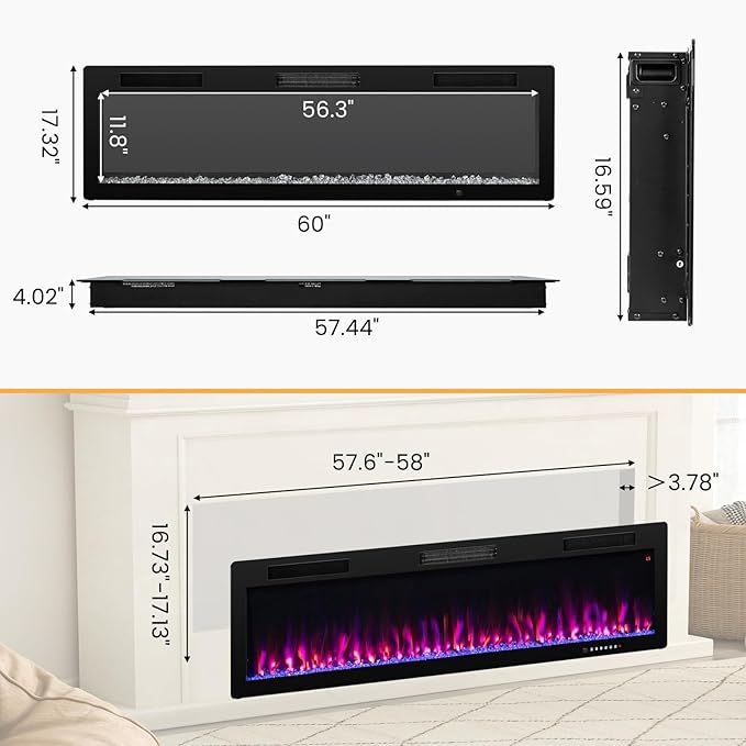 Chimenea Eléctrica Costway 60 Pulgadas 1500W 120V miniatura 3