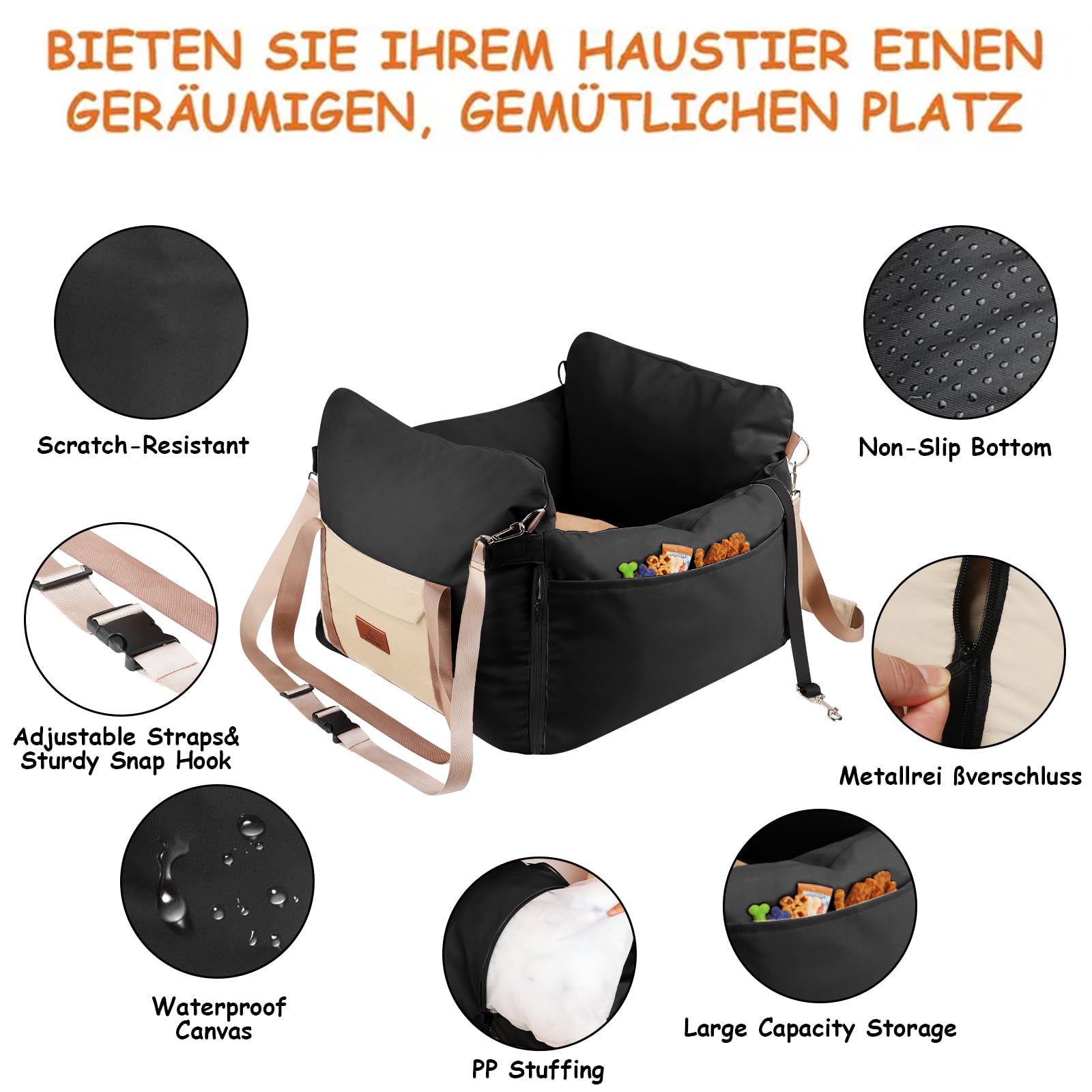 Autositz für kleine Hunde, Wasserdichter 2-in-1-Sitzerhöher für Haustiere mit Seitlichen Griffen und Einer Aufbewahrungstasche, Befestigbarer Sicherheitsleine und PP-Baumwollfüllung, Schwarz