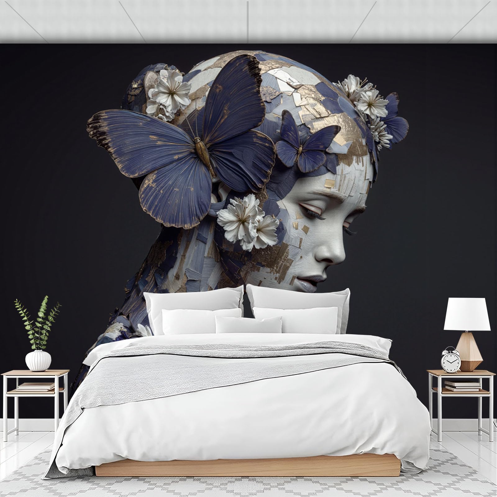 Papier Peint Panoramique Rétro Portrait 400x280cm, Fille Au Tableau Papillon Fleur Sauvage Huile Papier peint photo soie, Bleu Gris Murales Poster soie - pour Salon Chambre à Coucher Décor Fond TV