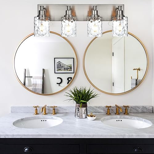 Miniatura 5 de BONLICHT Lámpara de tocador de baño de 4 luces de níquel cepillado industrial con pantalla de vidrio martillado para sala de estar, dormitorio,