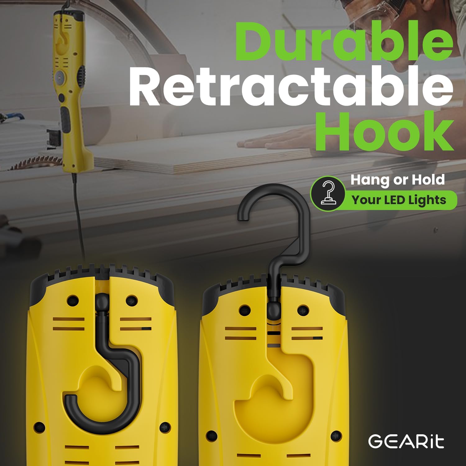 GEARit LED Work Light (15 feet) 1200 Lumen COB LED - 16 Gauge SJTW Indoor/Outdoor NEMA 5-15R Extension Cord - Handheld, Rotating Hanger, Magnetic Base for Auto Mechanic and Construction - 15ft