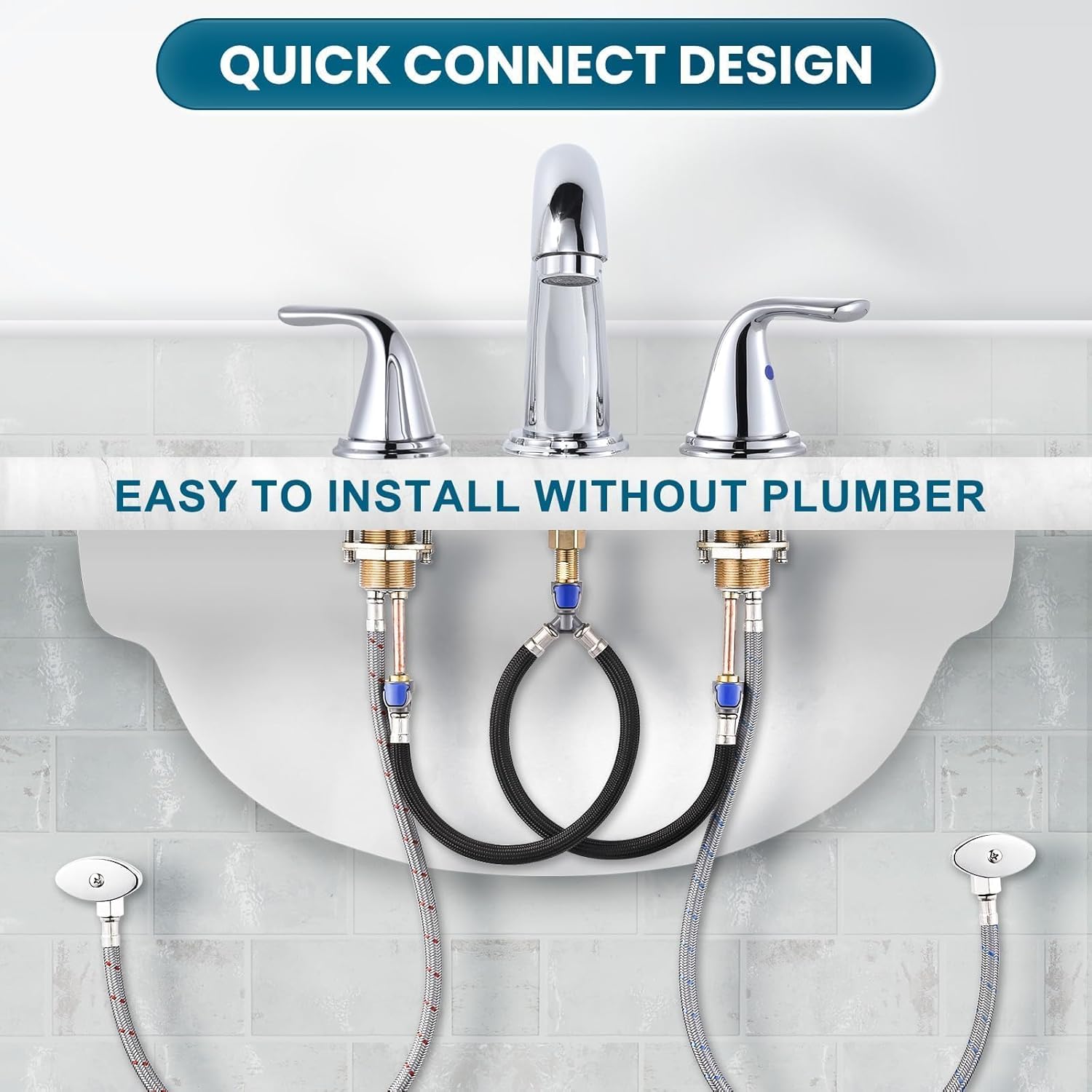 Bathroom Sink Faucet 3 Holes Chrome, ALEASHA Widespread Bathroom Faucet, Bathroom Faucets with Pop Up Drain with Overflow, Washroom Faucets with 304 Stainless Steel Lead-Free Hose