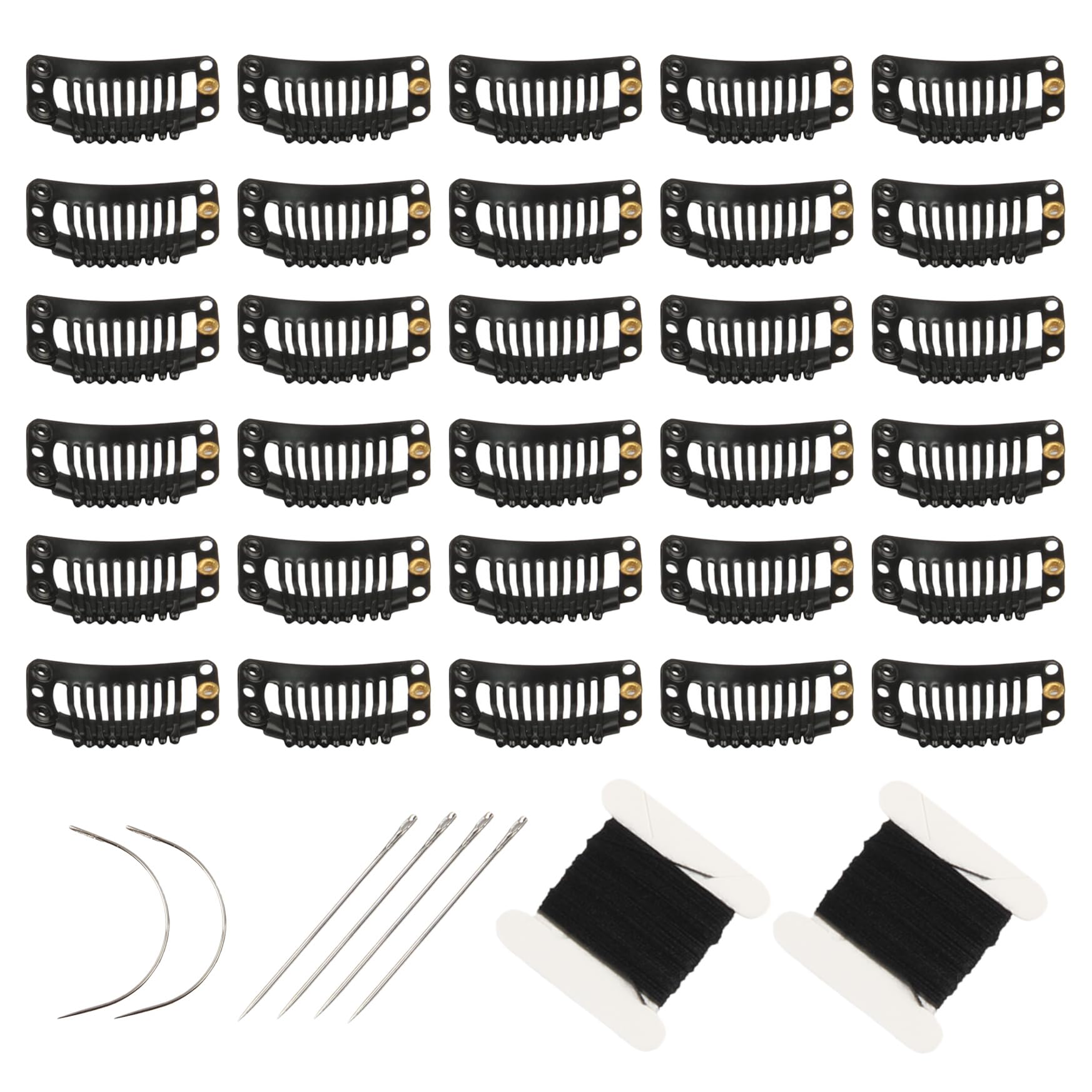 30pcs 9 Teeth Stainless Steel Snap Comb Wig Clips, Hair Extension Clips, Wig Accessories Clip with 6pcs Sewing Needles and 2pcs Thread (Black)