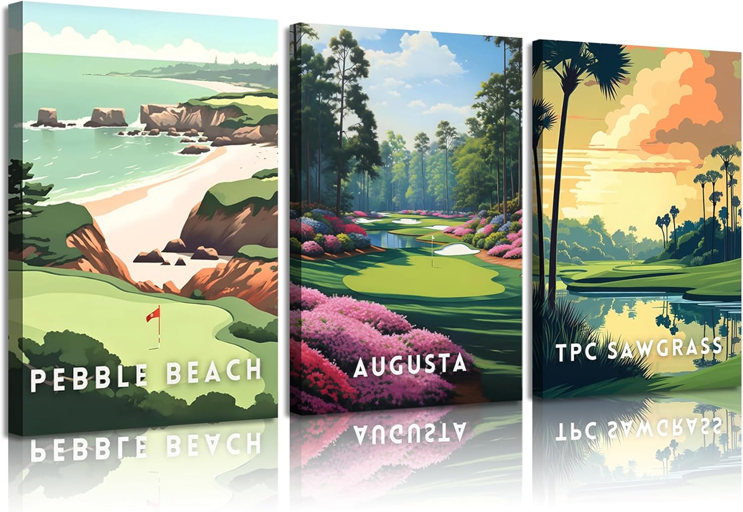 3Pcs Golf Course Canvas Wall Art Picturesque Golf Course Painting Picture Wall Decor Country Club Sports Poster Print Artwork for Modern Office Bedroom Living Room Home Decoration 16x24in Framed