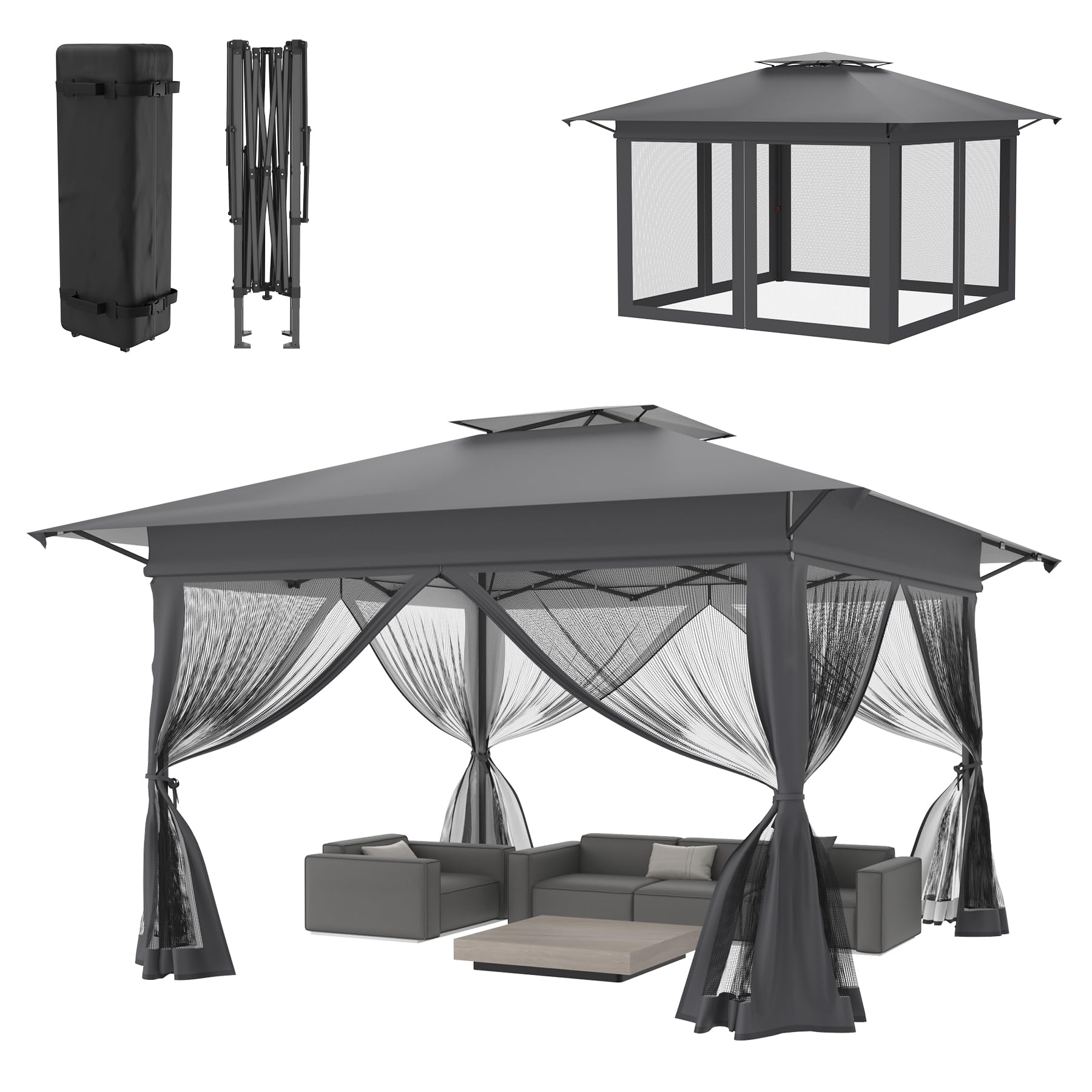 ACXIN Gazebo pieghevole, 4 x 4 m, impermeabile, regolabile in altezza, con pareti in rete, protezione UV, gazebo pop-up con rotelle, per giardino, terrazza, cortile (antracite)