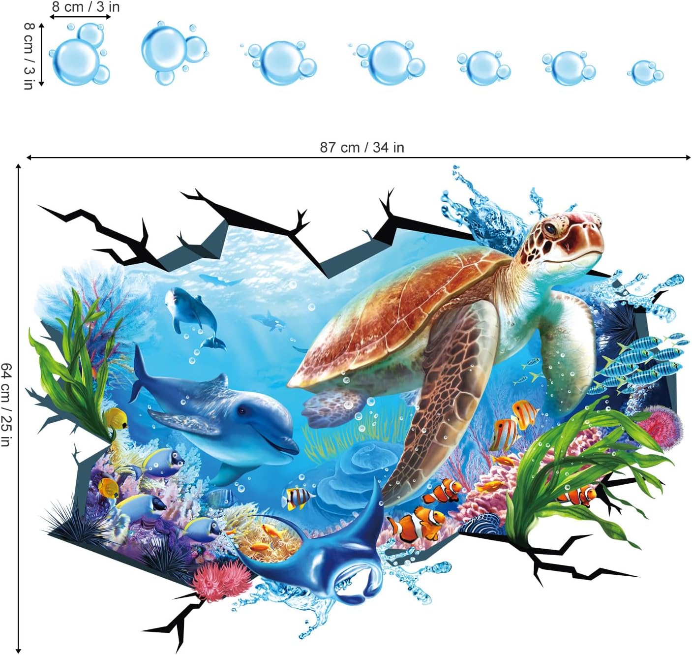 wondever Large Sea Turtle Under The Sea Wall Stickers 3D Underwater Dolphin Tropical Fish Ocean Wall Art Decals for Baby Nursery Kids Bedroom Bathroom