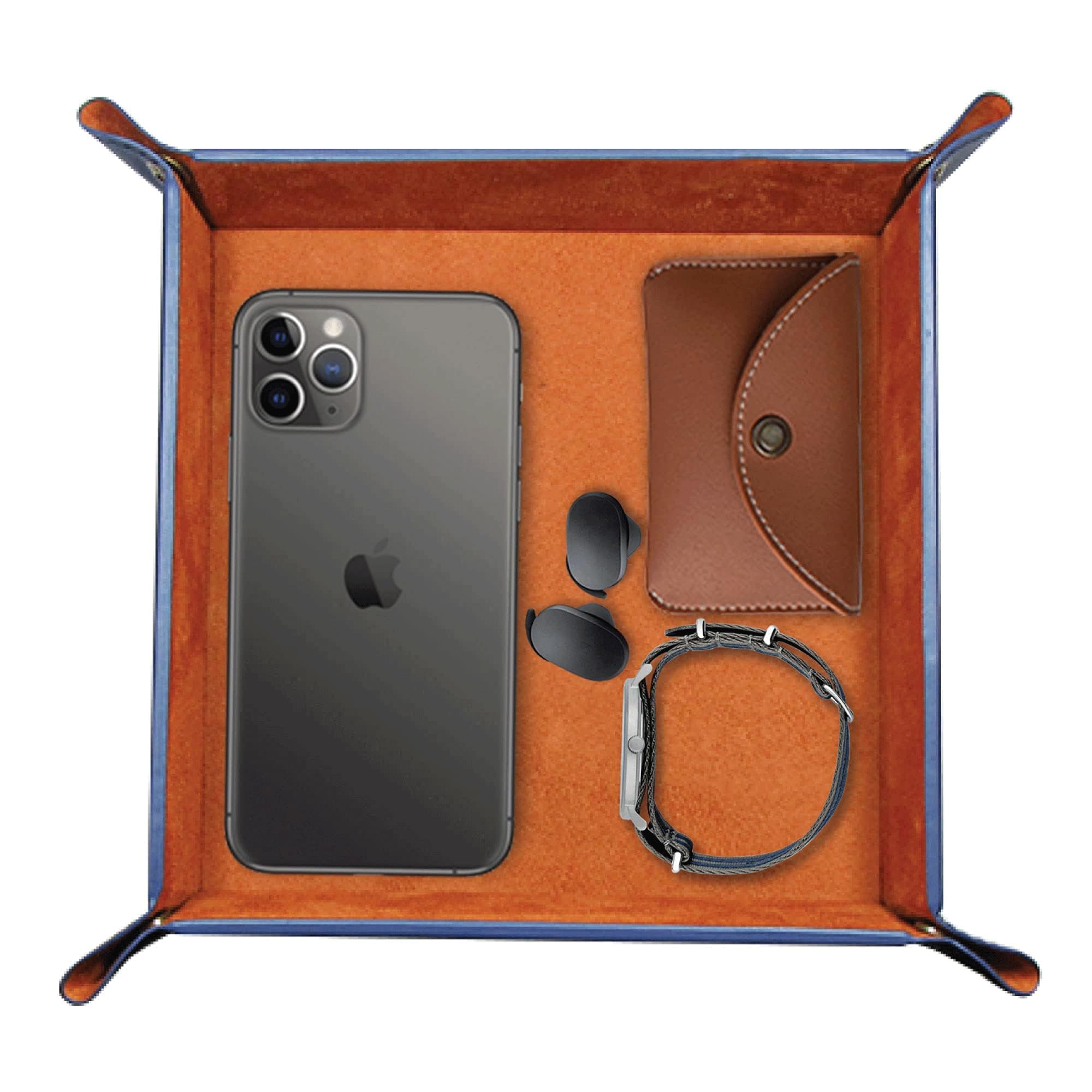 LEART Leather Valet Tray Organizer for Men and Women - Home and Office, Desk and Bedside Catchall holder for Wallets, Jewelry, Watches, Keys, Coins, Mobile, Cosmetics, TV Remote (Tangerine)