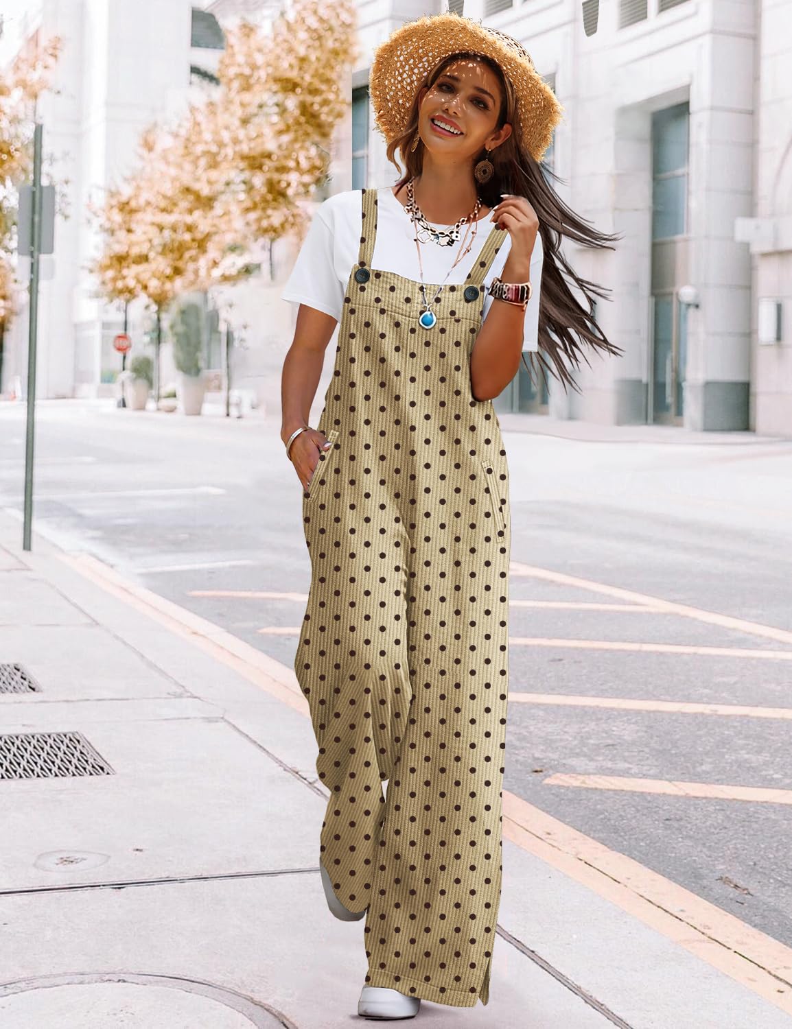 YESNO Women's Casual Corduroy Overalls Adjustable Straps Baggy Pants Wide Leg Jumpsuits with Pockets PC2: Large Dot Khaki