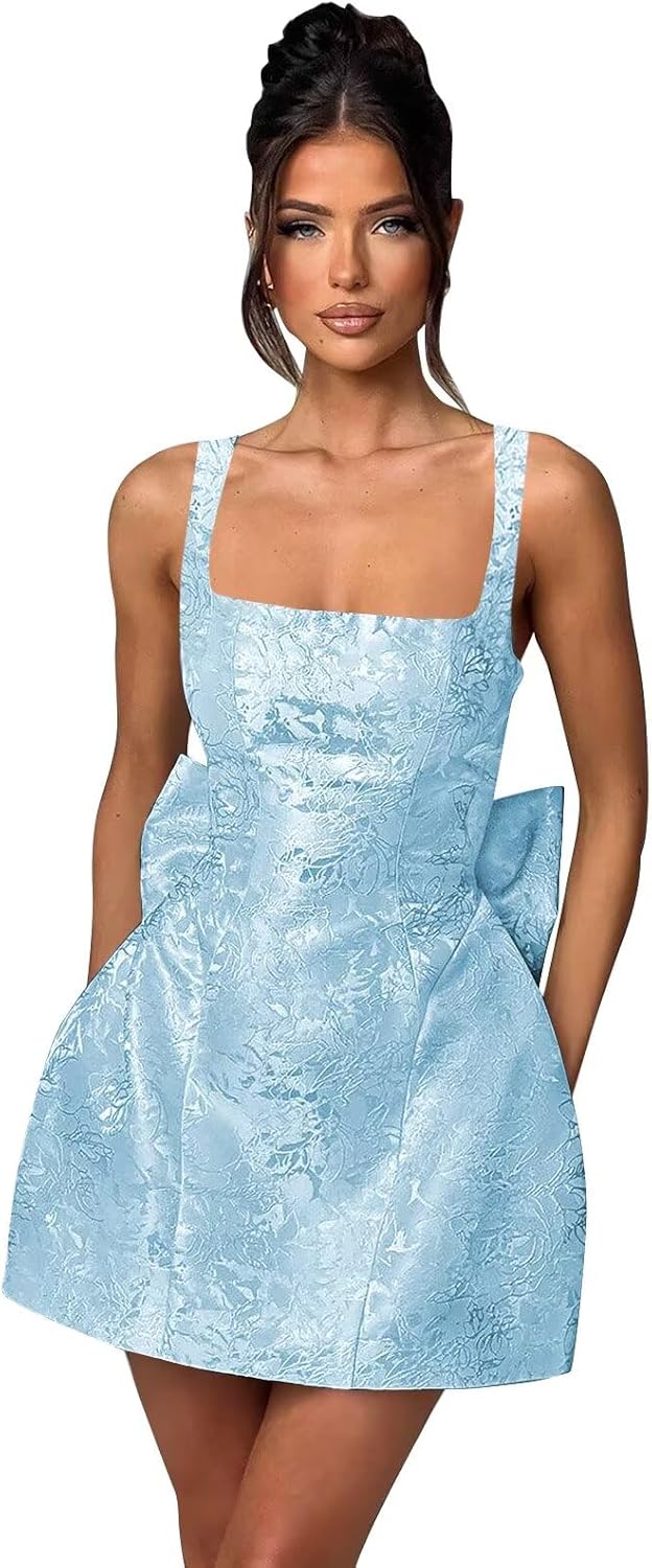 MAGGCIF Jacquard Satin Homecoming Dresses for Teens with Bow Square Neck A Line Short Mini Prom Cocktail Dress