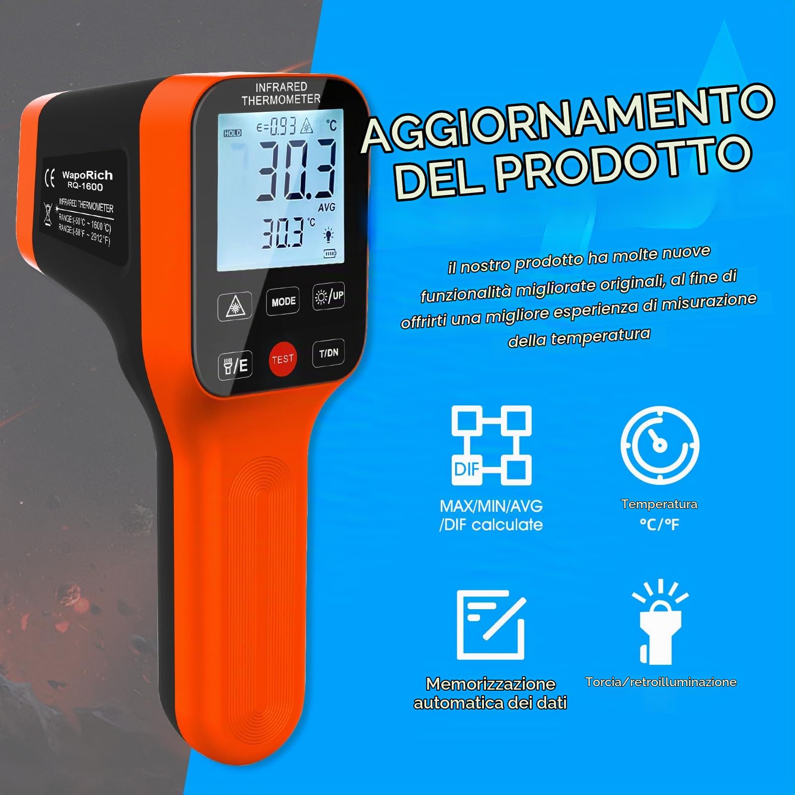 Termometro Infrarossi, WapoRich Digitale Laser Senza Contatto Termometro Pistola -50℃~1600℃ IR Industrial Pirometro Portatile con Emissività Regolabile D:S=30:1 per HVAC Cucina Pizza (NON per Umani)