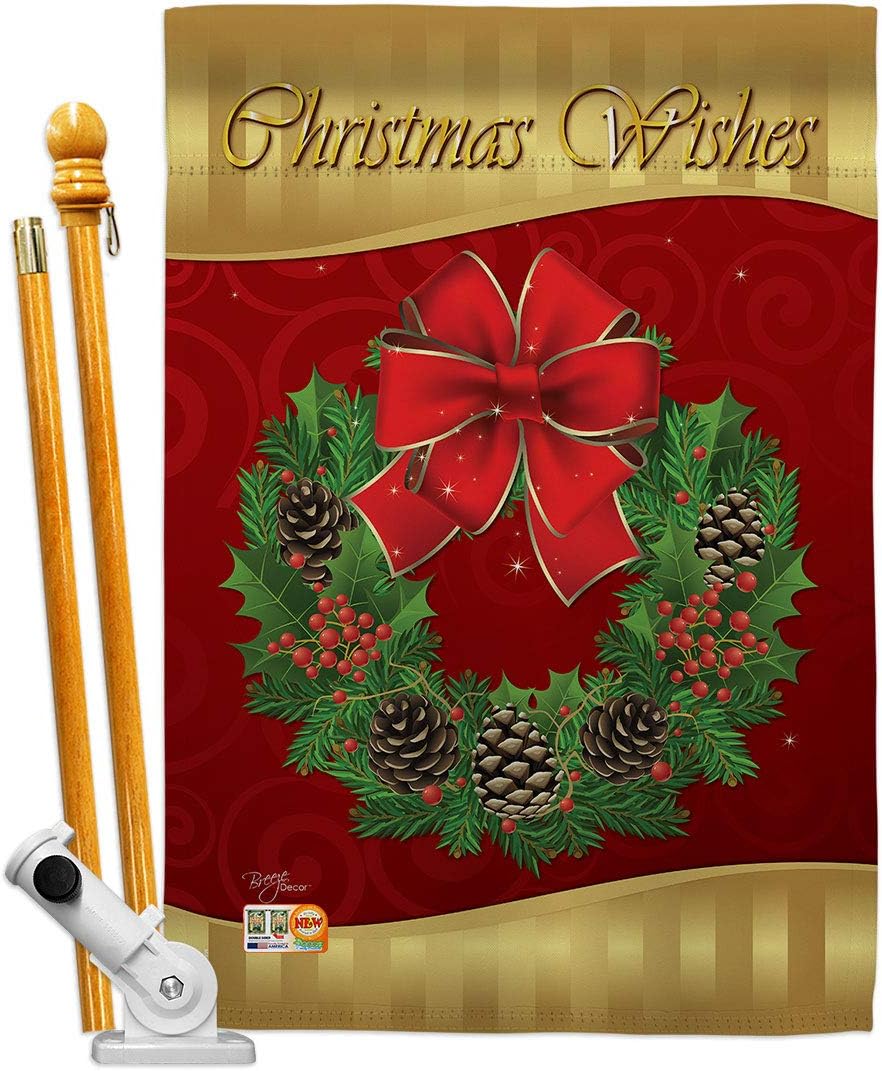 Christmas Wishes House Flag Dowel Set Wintertime Santa Marry Xmas Present Reindeer Season Snow Small Decorative Gift Yard Banner Made In USA 28 X 40