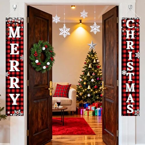 Miniatura 6 de Pancartas de puerta de Navidad con texto en inglés "Merry Christmas", para porche, decoración de puerta de Navidad para pared, puerta delantera,