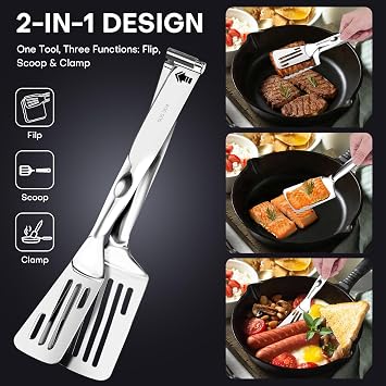 2-in-1 Spatula Tongs, 11.8 Inch 304 Stainless Steel Kitchen Tongs for 12 Inch Cooking Use, Detachable Metal Tongs with Oil Drain Holes for Grilling Frying Steak