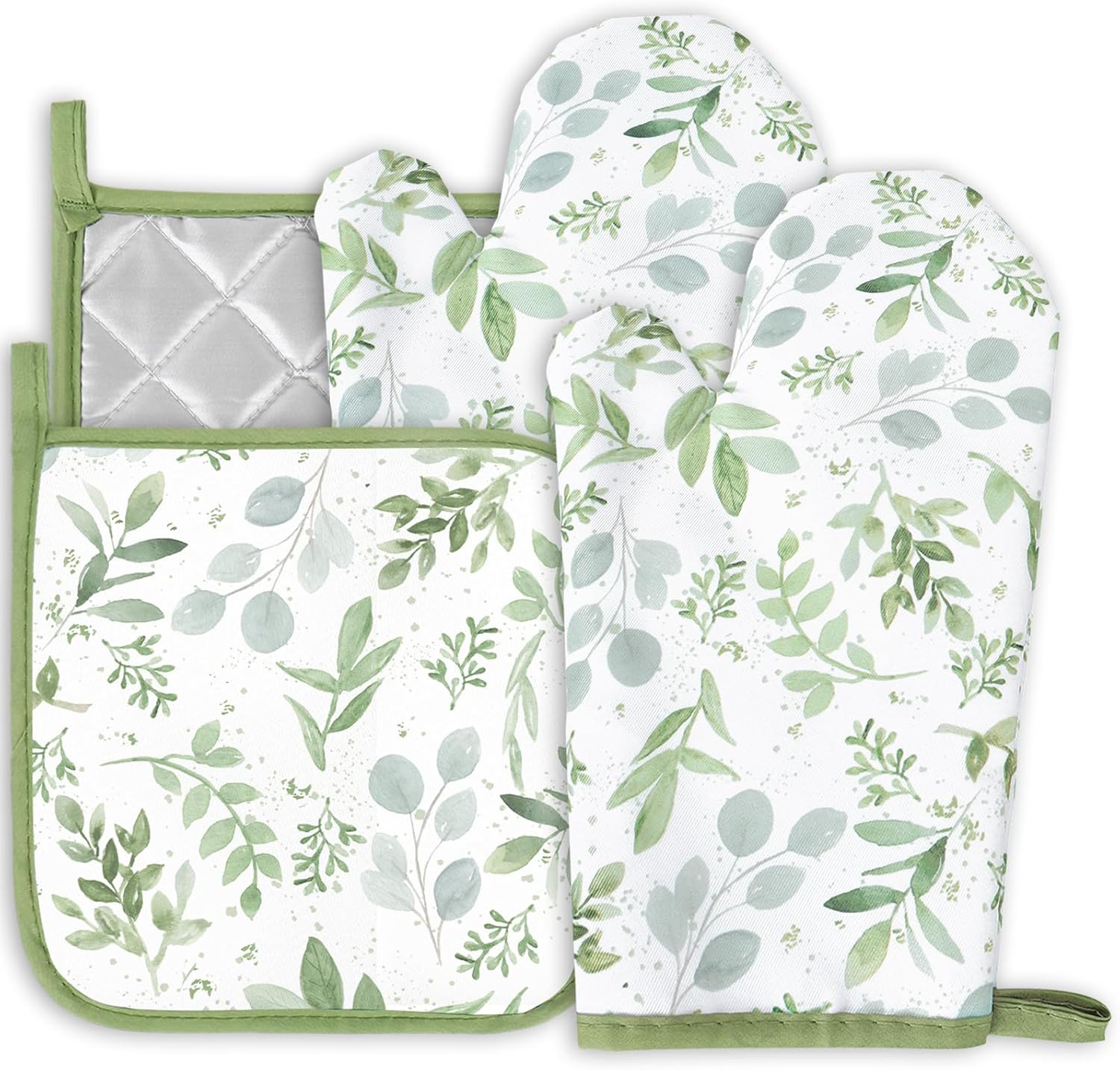 FYSUIMU 4Pcs Greenery Oven Mitts and Pot Holders Set Green Eucalyptus Leaves Kitchen Oven Gloves with Hot Pads Non-Slip Heat Resistant Potholder for Cooking Baking