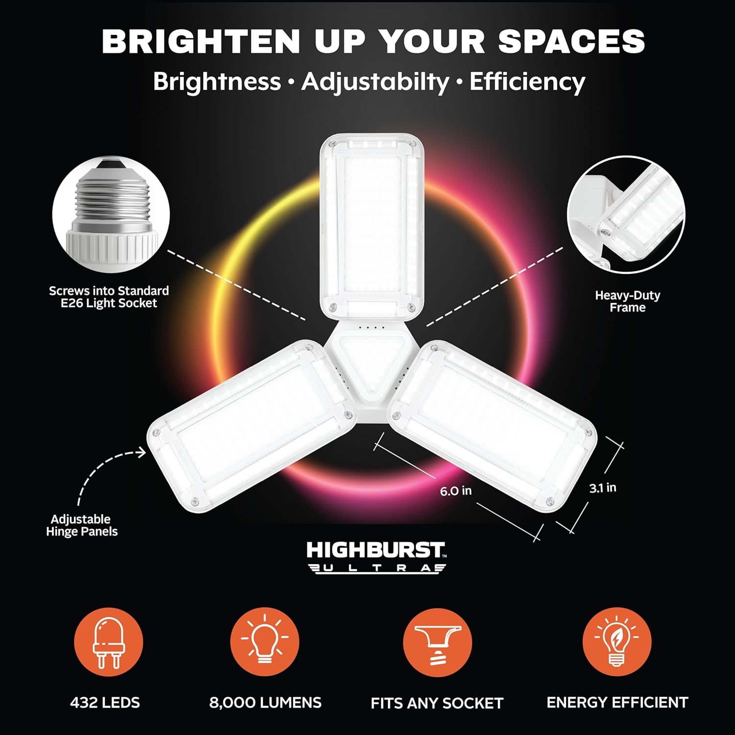 Bell+Howell HighBurst Ultra LED Garage Light Bulb – 8,000 Lumens, Super Bright Screw-in Ceiling Light - Adjustable Multi-Panel Design, for Garage, Shop, Basement, Attic – As Seen on TV